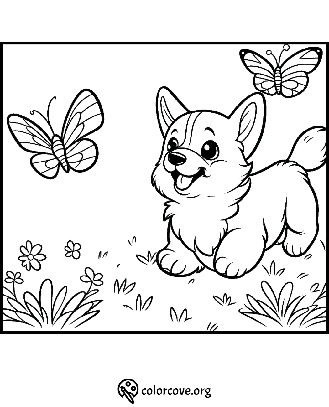 Corgi puppy with butterflies coloring page, perfect for kids' activities and printable fun, from colorcove.org.