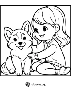 Coloring page of a happy child petting a cute dog, both sitting and smiling. Perfect for kids' coloring activities.