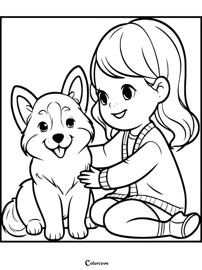 A cute little girl with long hair wearing a sweater sitting on the floor petting a happy Corgi puppy in this printable coloring page.