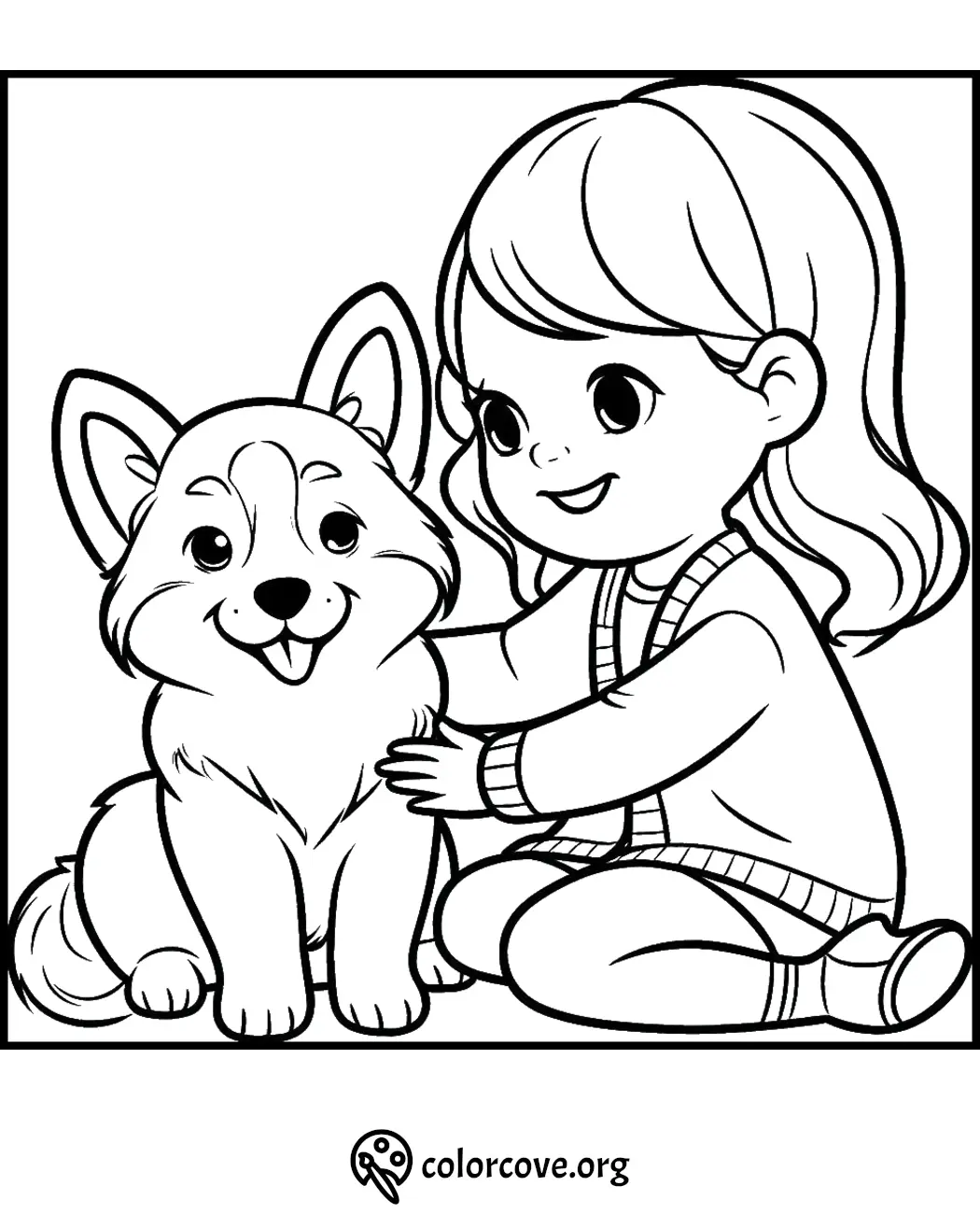 Coloring page of a happy child petting a cute dog, both sitting and smiling. Perfect for kids' coloring activities.