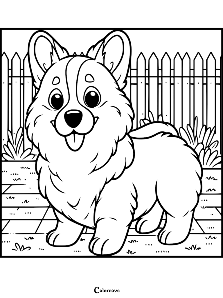 A cute cartoon Corgi standing on a patio with a wooden fence background, detailed line art coloring page.