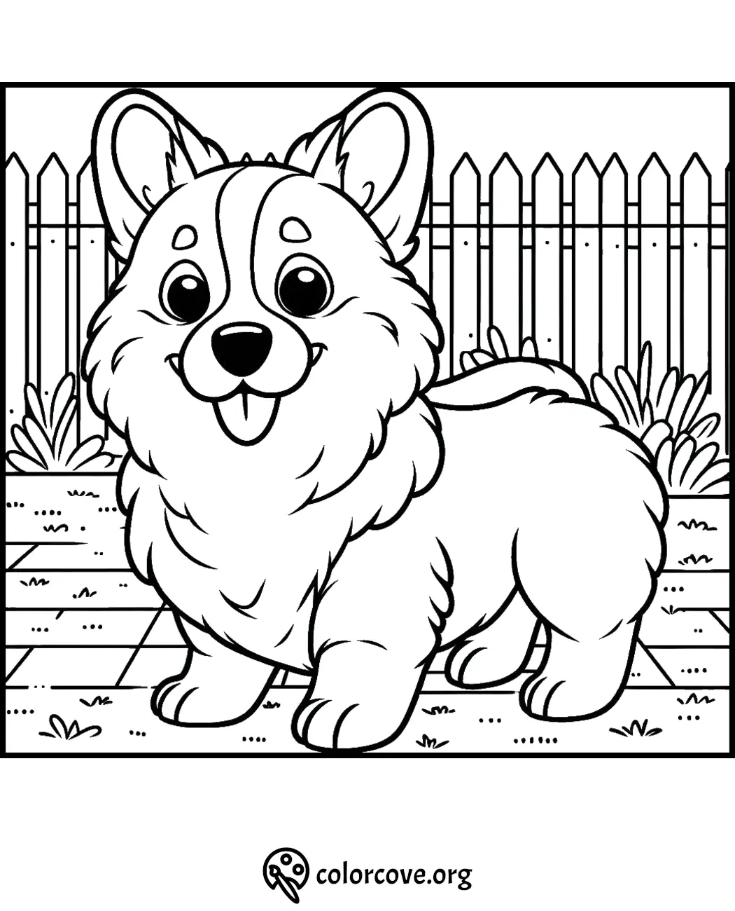 Cute corgi coloring page for kids, featuring a playful dog in a backyard with a picket fence. Perfect for animal lovers!