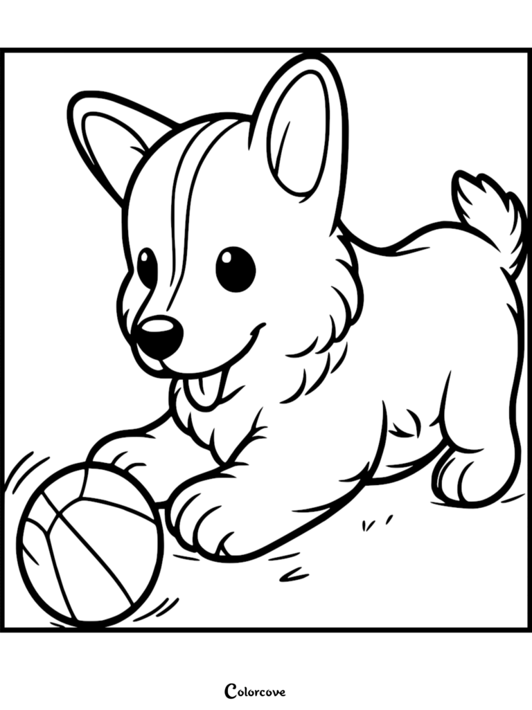 A cute cartoon Corgi puppy chasing a ball in this simple black and white printable coloring page.