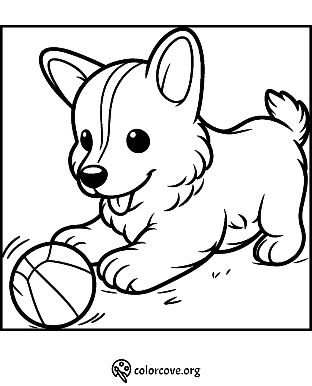 Coloring page of a playful puppy with a ball, perfect for kids and animal lovers. Fun and engaging coloring activity.