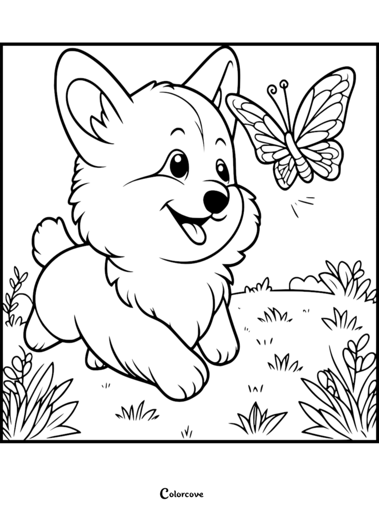 A cute Corgi puppy running in the grass toward a fluttering butterfly, line art coloring page style.