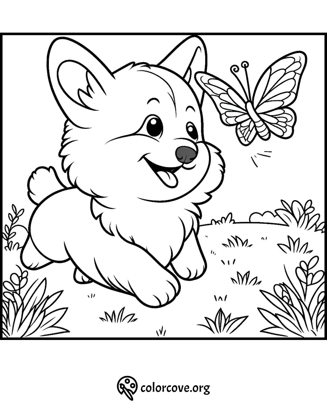 Cute puppy chasing a butterfly in a garden coloring page from ColorCove.org. Perfect for kids' coloring fun!