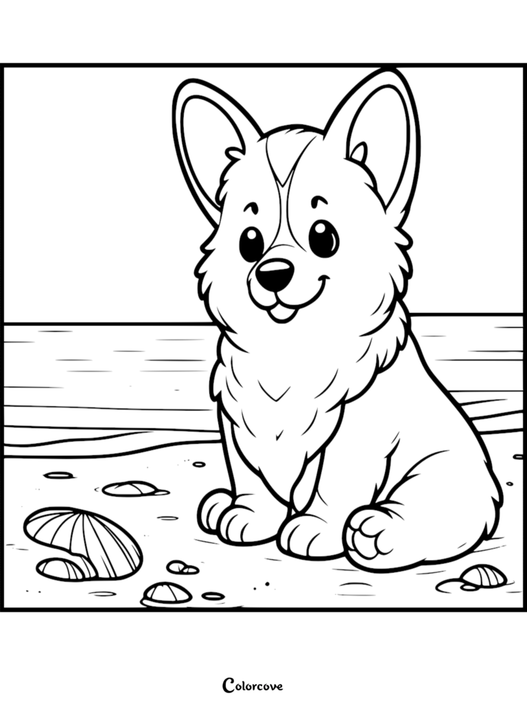 A cute Corgi puppy sitting on a sandy beach with seashells near the ocean for a printable coloring page.