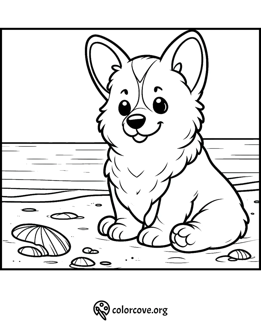 Cute corgi puppy coloring page at the beach with seashells, perfect for kids' activities or relaxation. Download at colorcove.org.