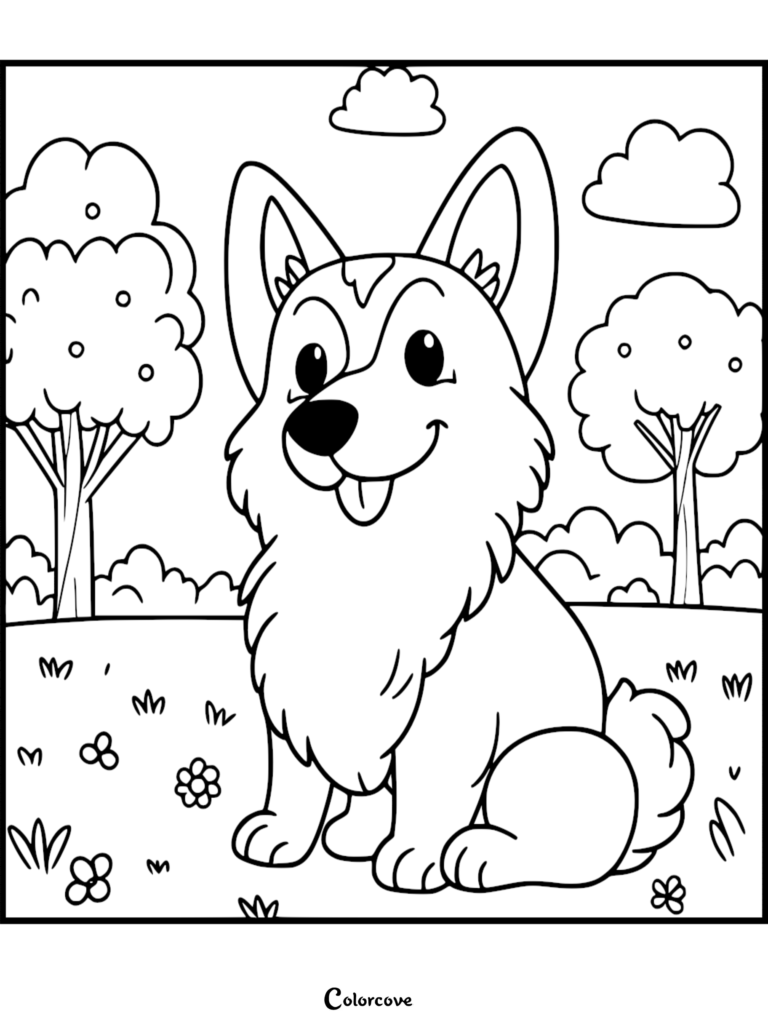 A happy Corgi sitting in a park under a sunny sky, printable line art coloring page.