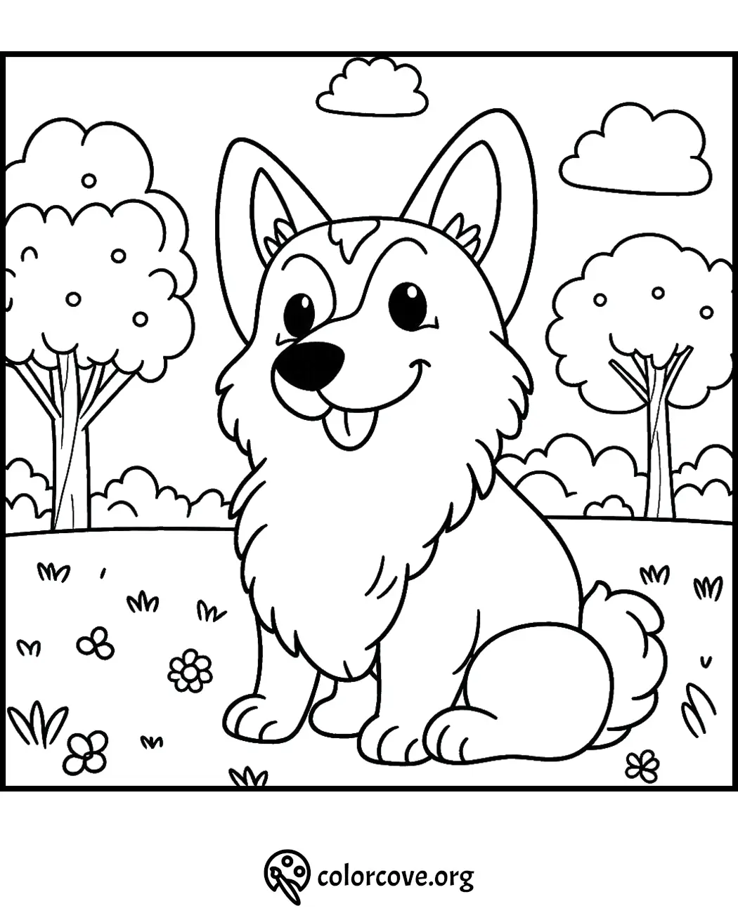 Cute corgi coloring page for kids, featuring a smiling corgi sitting in a park with trees and clouds.