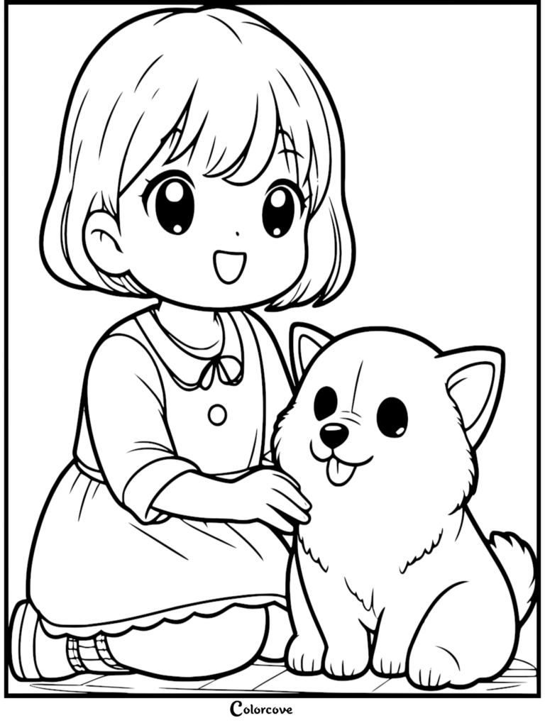 A cute anime-style girl with a bob haircut petting a fluffy Corgi puppy in this printable coloring page.