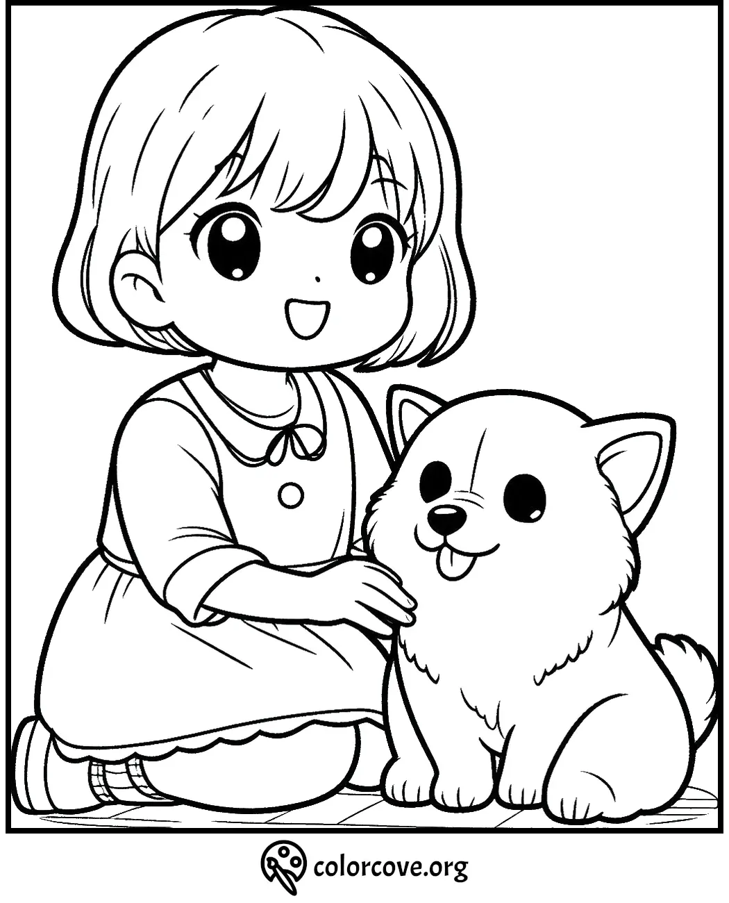 Coloring page of a girl with short hair and a dress, sitting and petting a happy puppy. Ideal for kids' activities.