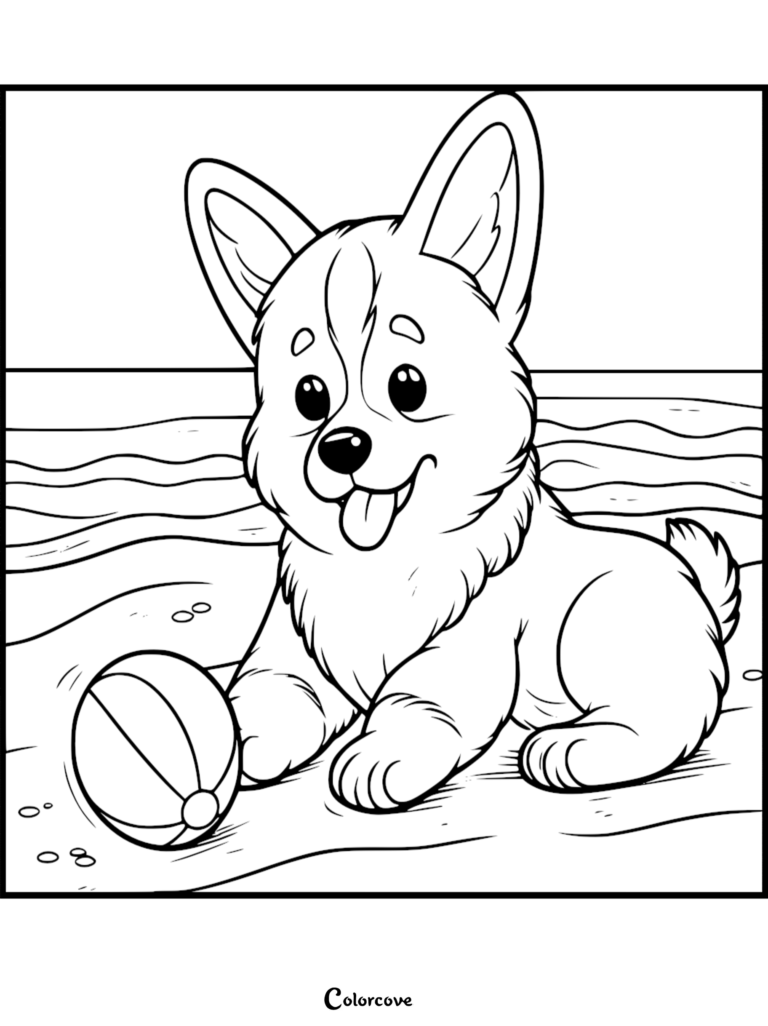 A cute cartoon puppy Corgi sitting on a sandy beach with a beach ball, presented as a clear line art coloring page.