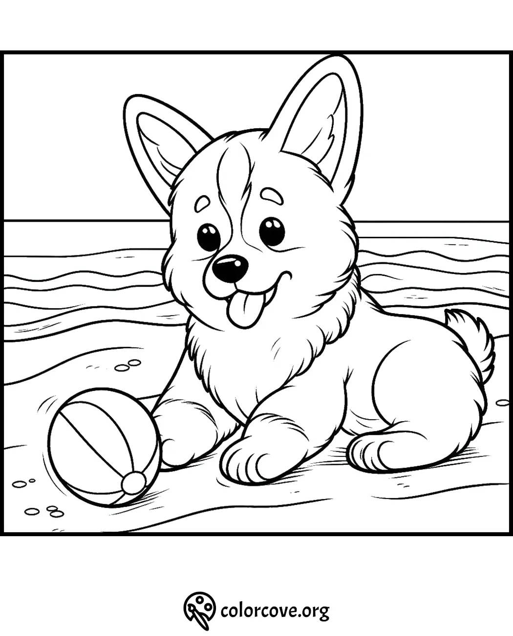 Corgi puppy at the beach with a ball, coloring page from ColorCove.org. Perfect for kids and dog lovers to color.