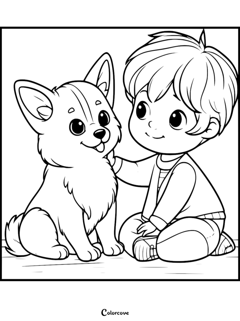 A cute cartoon boy sitting on the floor gently petting a happy corgi puppy in this printable coloring page.