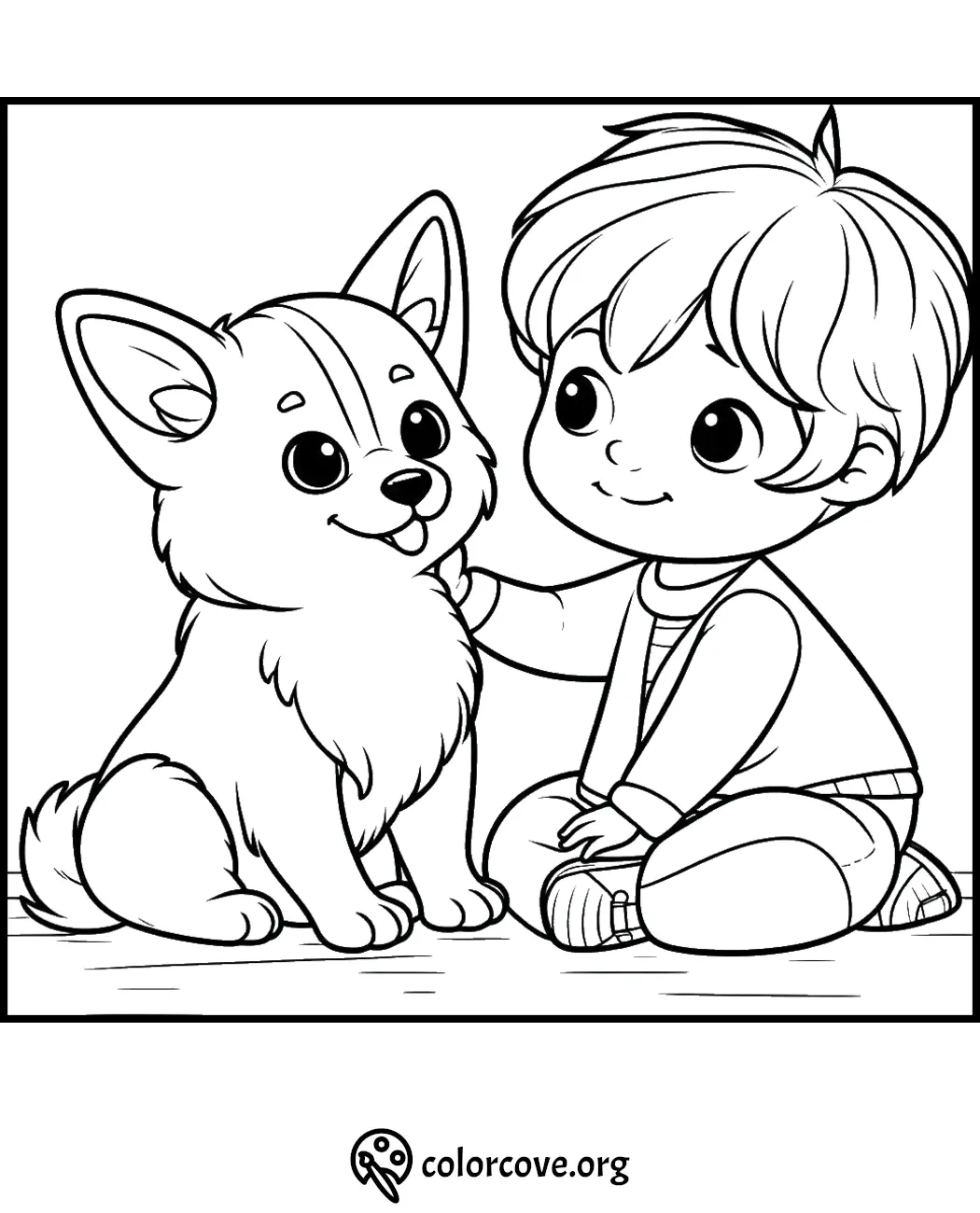 Child petting a cute dog coloring page for kids and adults from ColorCove.org. Perfect for coloring fun.