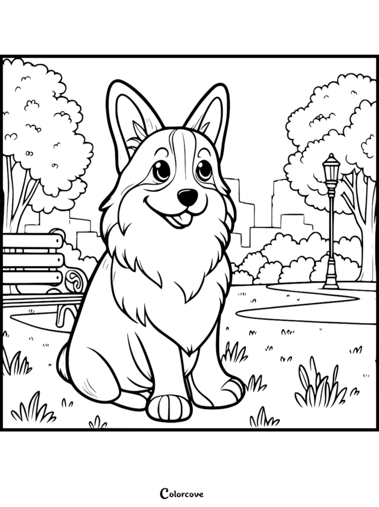 A friendly corgi sitting in a city park next to a bench, depicted in a clean line art coloring page style.