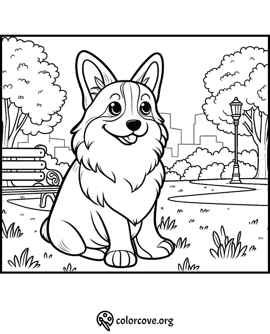 A joyful cartoon corgi dog sits in a park, coloring page with trees, a bench, and cityscape in the background.