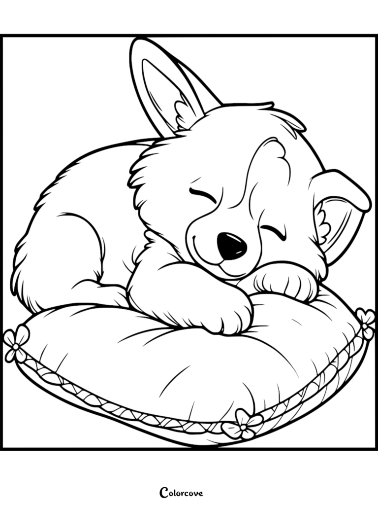 A sweet puppy corgi sleeping peacefully on a small, flower-trimmed decorative pillow, presented as a high-quality line art coloring page.