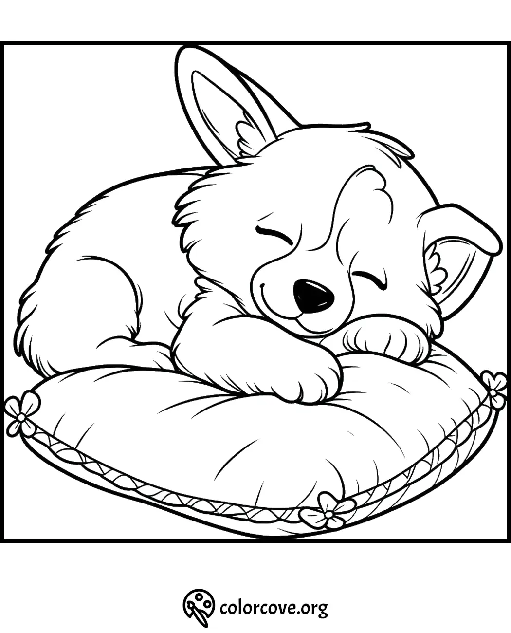 Cute puppy sleeping on a plush pillow, coloring page for kids and adults. Visit colorcove.org for more coloring fun!