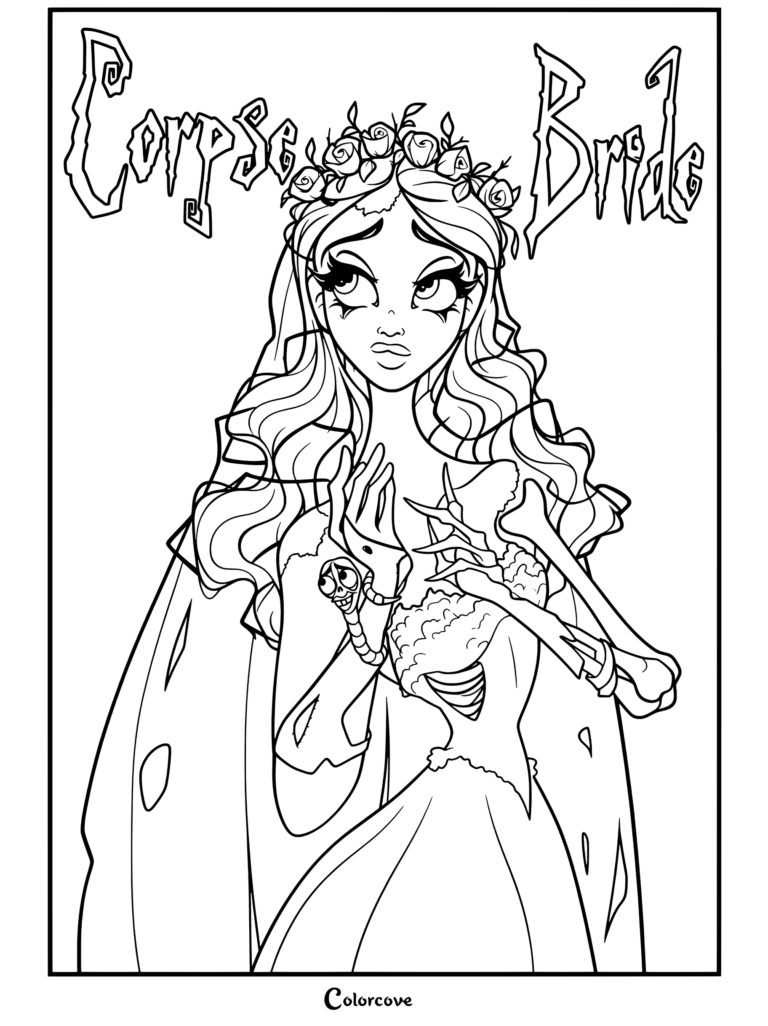 Página para colorear de Corpse Bride con Emily de cabello azul, una corona de flores, un gusano y un vestido de novia con caja torácica expuesta.