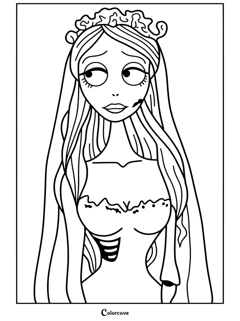 Página para colorear imprimible de Emily, la Corpse Bride, usando un vestido de novia y velo con expresión triste.