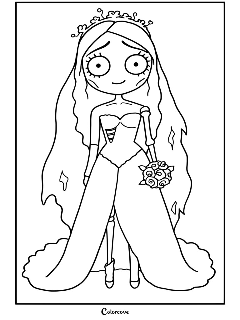 Página para colorear de Emily, la Corpse Bride, usando vestido de novia y velo, sosteniendo un ramo de rosas azules con caja torácica expuesta y pierna de esqueleto.