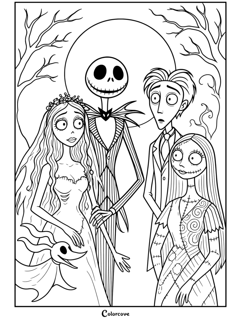 Dibujo para colorear con Jack Skellington, Sally, Victor Van Dort, Emily la Corpse Bride y Zero reunidos bajo un cielo nocturno de luna llena.