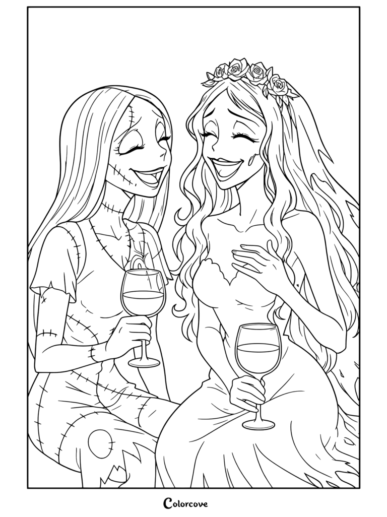 Una página imprimible para colorear con Sally de The Nightmare Before Christmas y Emily la Corpse Bride compartiendo copas de vino tinto y riendo juntas.