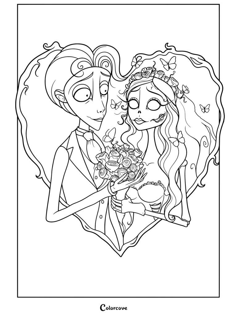 Una página imprimible para colorear de Victor Van Dort y Emily de Corpse Bride sosteniendo un ramo de rosas azules dentro de un marco en forma de corazón.