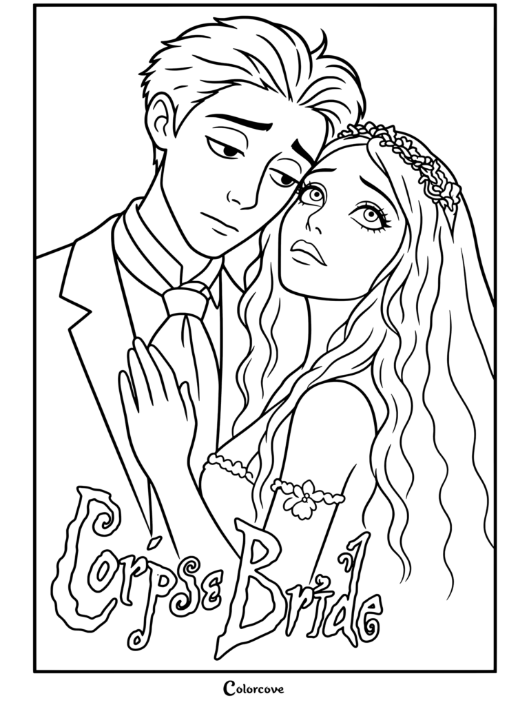 Victor Van Dort y Emily Corpse Bride abrazándose estrechamente bajo la luz de la luna página para colorear