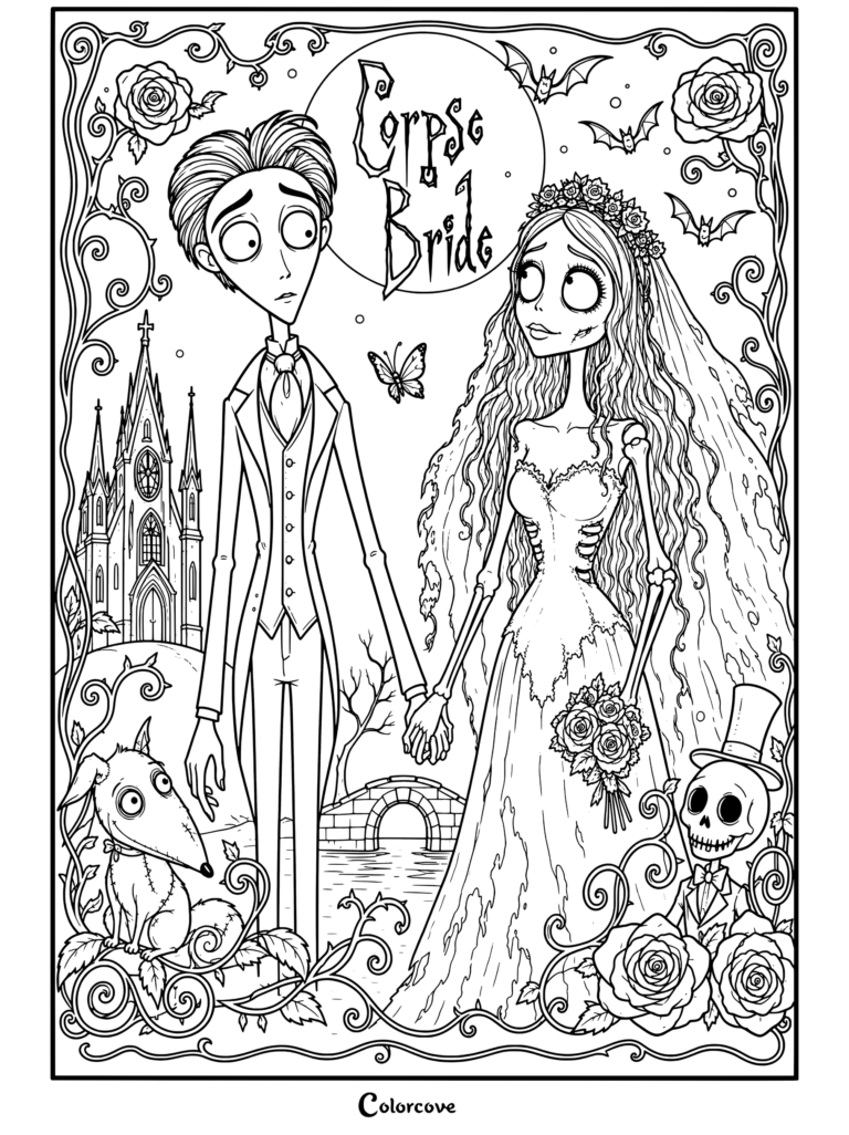 Victor Van Dort y Emily Corpse Bride tomados de la mano bajo la luna llena con Scraps y Bonejangles página para colorear