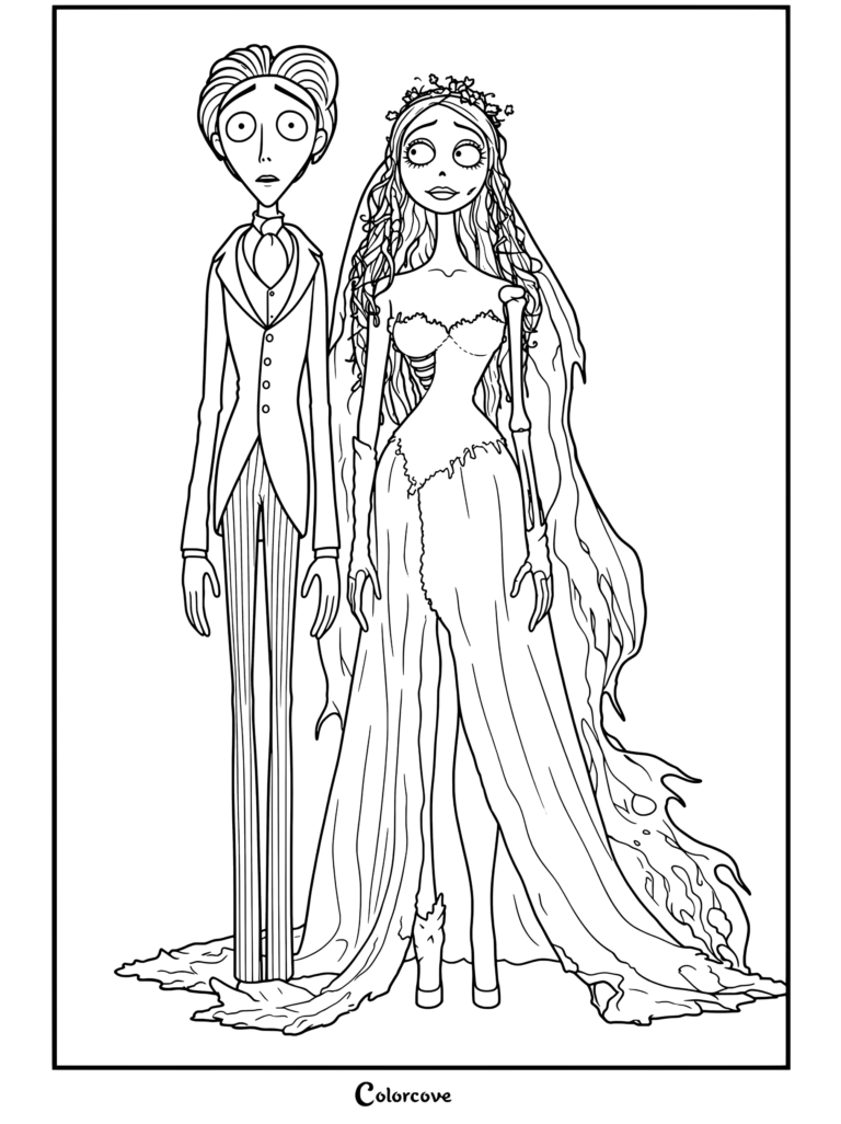 Página para colorear de Victor Van Dort y Emily, la Corpse Bride, de pie juntos con atuendo de boda.