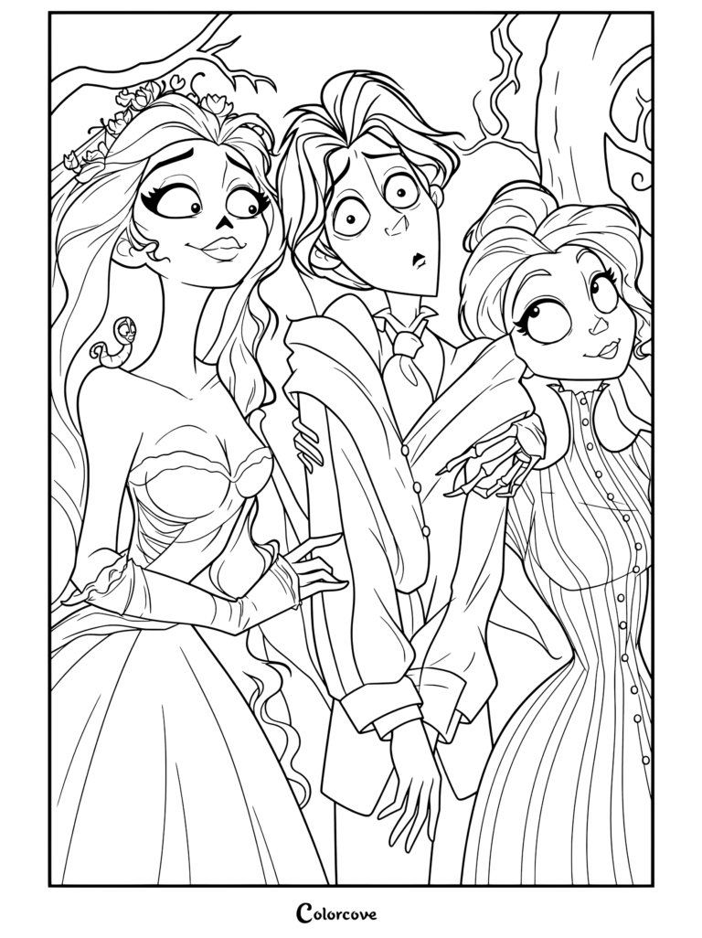 Página para colorear de Corpse Bride con Victor Van Dort atrapado entre la Corpse Bride Emily y Victoria Everglot en un bosque.
