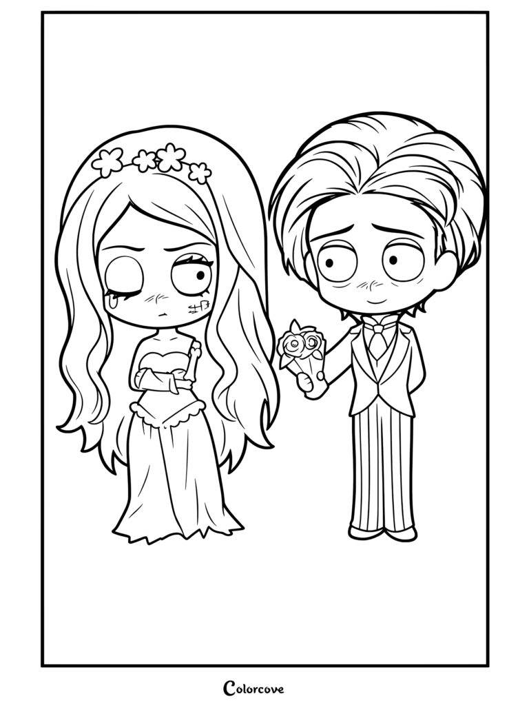 Página para colorear imprimible de Victor Van Dort entregando un ramo azul a una gruñona Corpse Bride Emily.