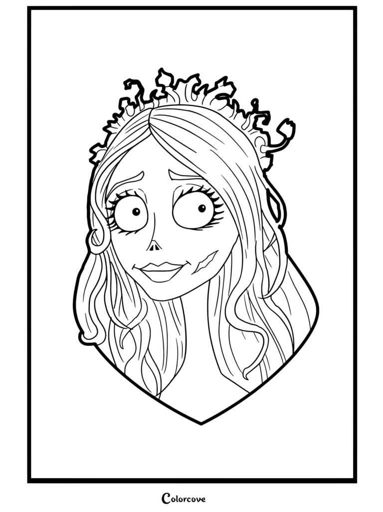 Página para colorear de Corpse Bride con un retrato de Emily con cabello oscuro y una tiara floral.