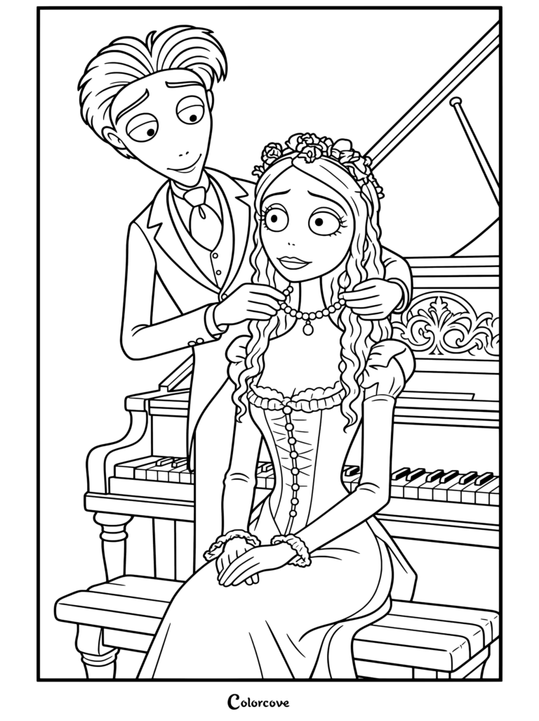 Página para colorear de estilo victoriano con Victor Van Dort de pie detrás de Victoria Everglot poniéndole un collar de perlas frente a un piano de Corpse Bride.