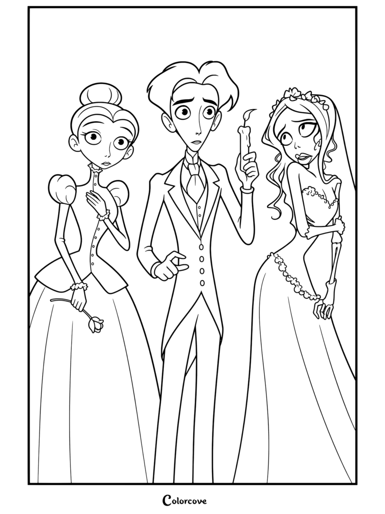 Página para colorear de estilo victoriano de Victor Van Dort de pie entre Victoria Everglot y la Corpse Bride Emily sosteniendo una vela de Corpse Bride.