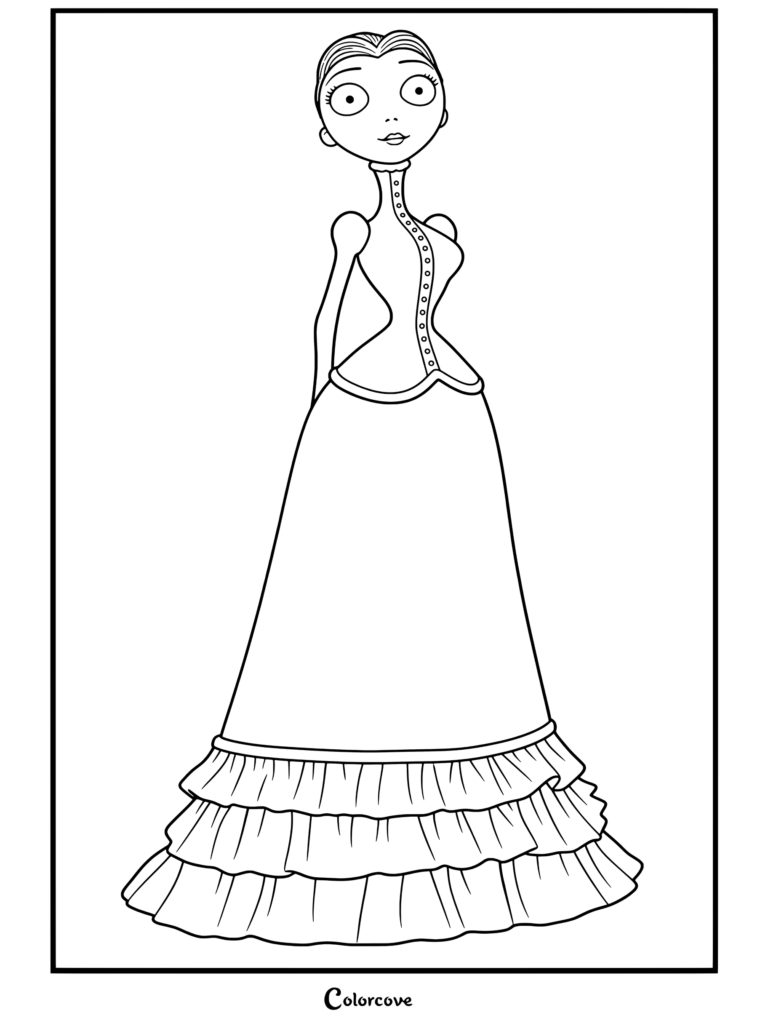 Página para colorear de Victoria Everglot de Corpse Bride de pie con un vestido victoriano de rayas y las manos detrás de la espalda.