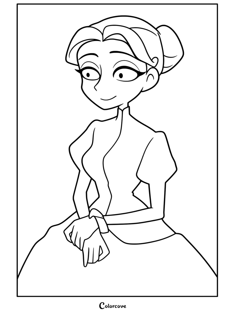 Página para colorear terminada para los fans de Corpse Bride de Victoria Everglot de pie con las manos juntas y su vestido oscuro de rayas.