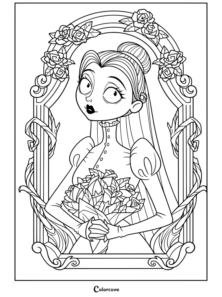 Página para colorear para los fans de Corpse Bride de novia gótica victoriana con cabello oscuro recogido sosteniendo un ramo de rosas azules y púrpuras dentro de un marco de arco gótico ornamentado.