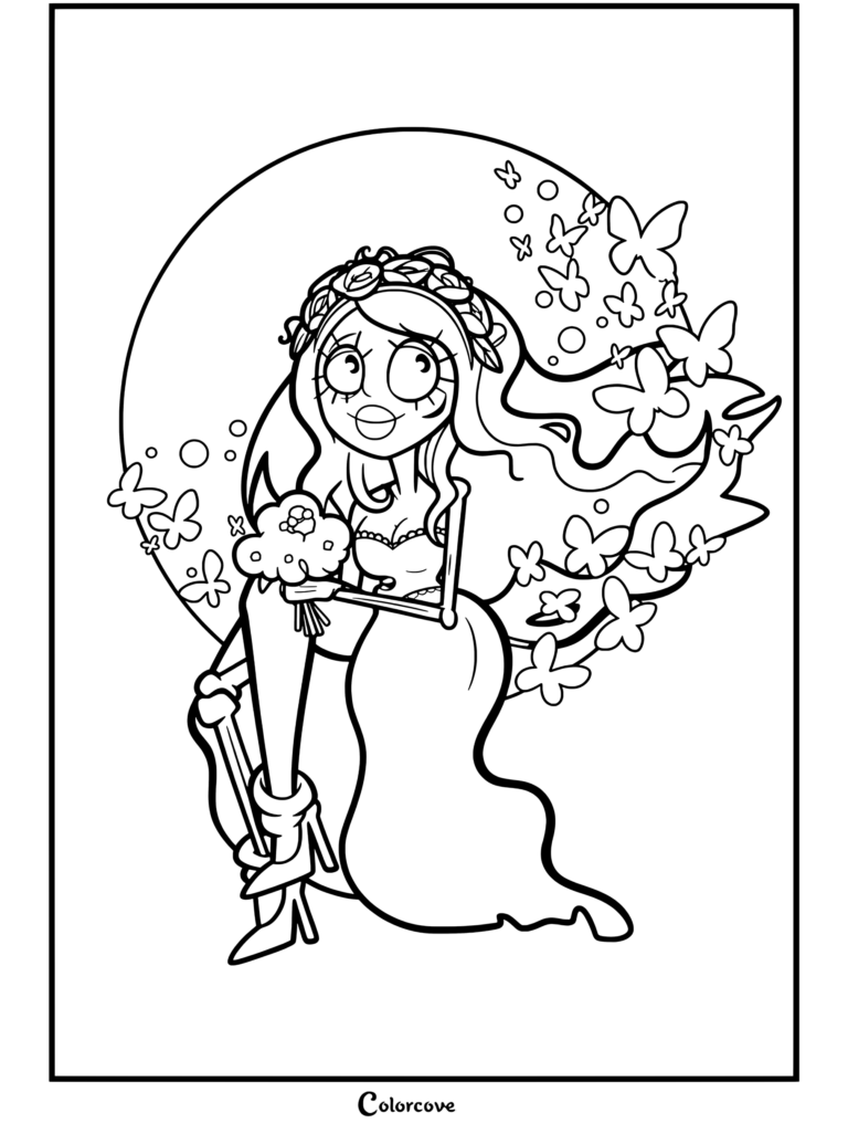 Página para colorear de Corpse Bride de Emily sentada frente a una luna llena con mariposas azules y un ramo.