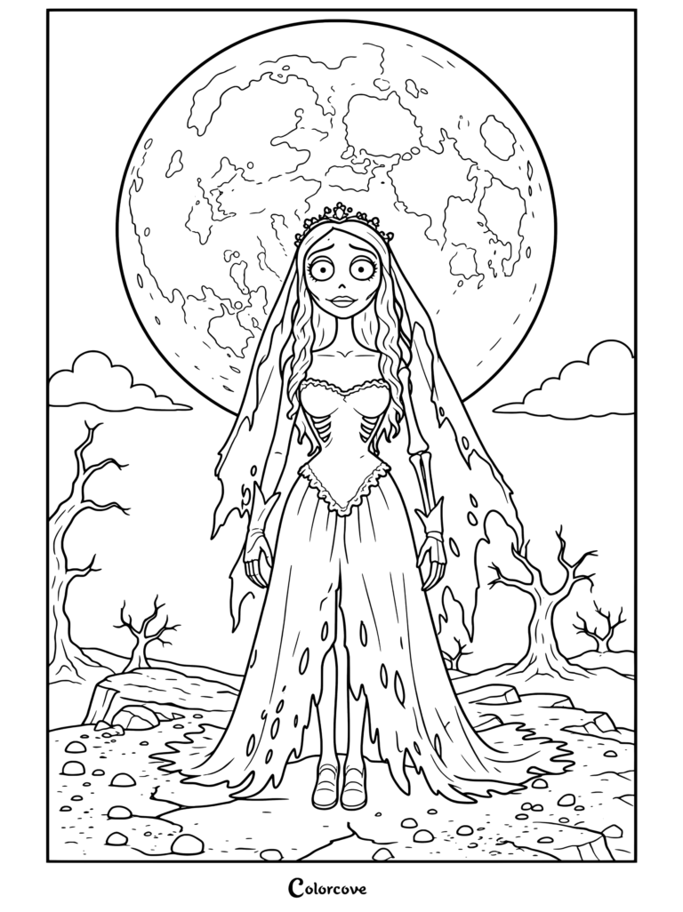 Página para colorear de Corpse Bride que muestra a Emily de pie en terreno rocoso con vestido de novia con costillas expuestas y un brazo de hueso bajo un cielo nocturno de luna llena.