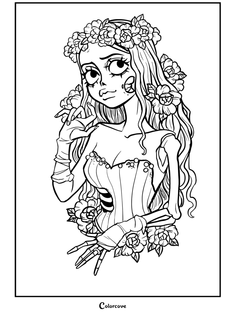 Página para colorear de Corpse Bride con Emily usando una corona de flores y un vestido de novia con caja torácica expuesta y brazo esquelético.