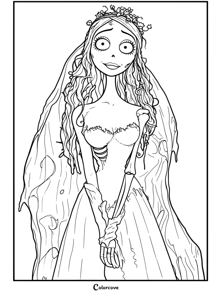 Página para colorear gratuita de Corpse Bride de Emily con vestido de novia y velo con su brazo esquelético y caja torácica visibles.