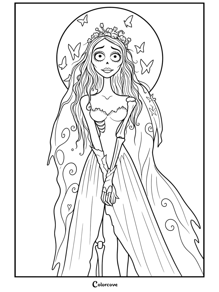 Página para colorear de Corpse Bride de Emily con vestido de novia, corona y velo, de pie contra un fondo iluminado por la luna con mariposas.