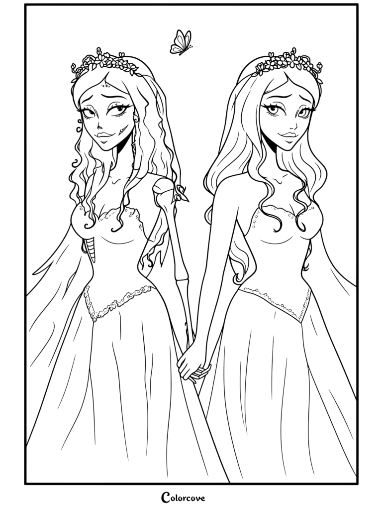 Página para colorear de Corpse Bride con Emily y Victoria Everglot tomadas de la mano con vestidos de novia bajo la luz de la luna.
