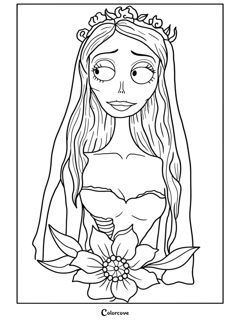 Página para colorear imprimible de Emily, la Corpse Bride, sosteniendo un ramo de flores, con velo y vestido de novia.