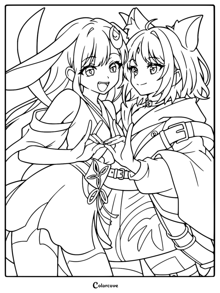 Detailed anime line art coloring page of Kaguya as a Moon Pop Star with rabbit ears and Iroha Sakayori as a cyber-fox girl in her Tsukuyomi metaverse tactical outfit.