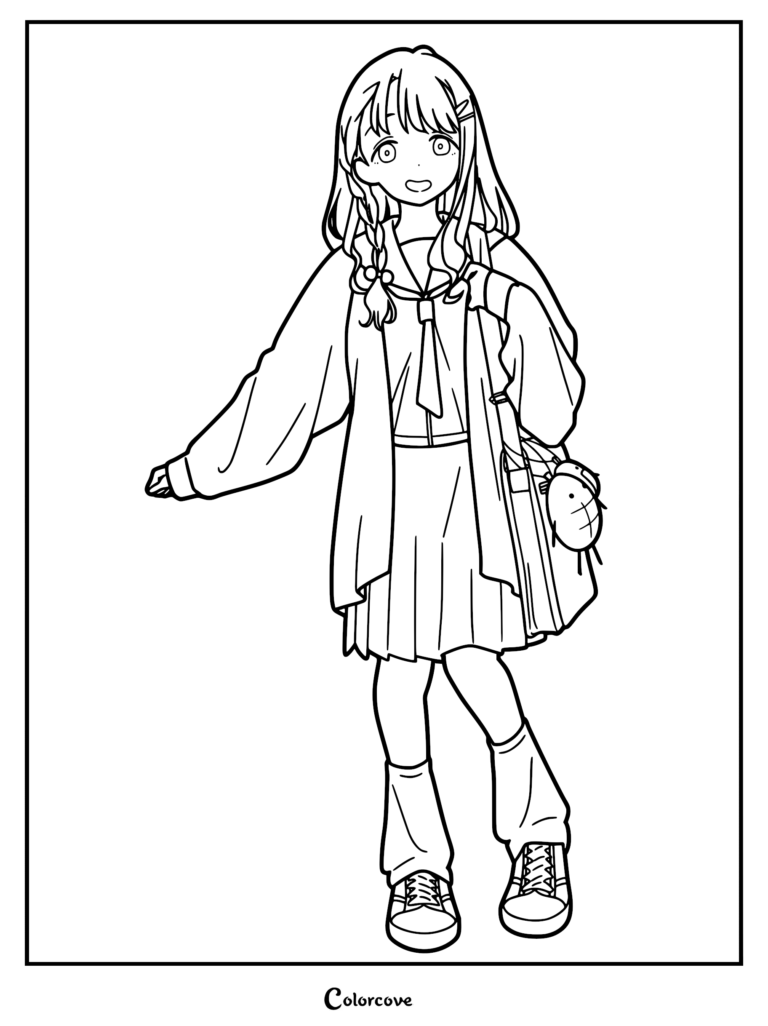 Detailed anime line art coloring page of Isayama Mami from Cosmic Princess Kaguya! wearing her traditional Japanese high school seifuku uniform and an oversized cardigan, featuring a shoulder bag with a small round creature charm.